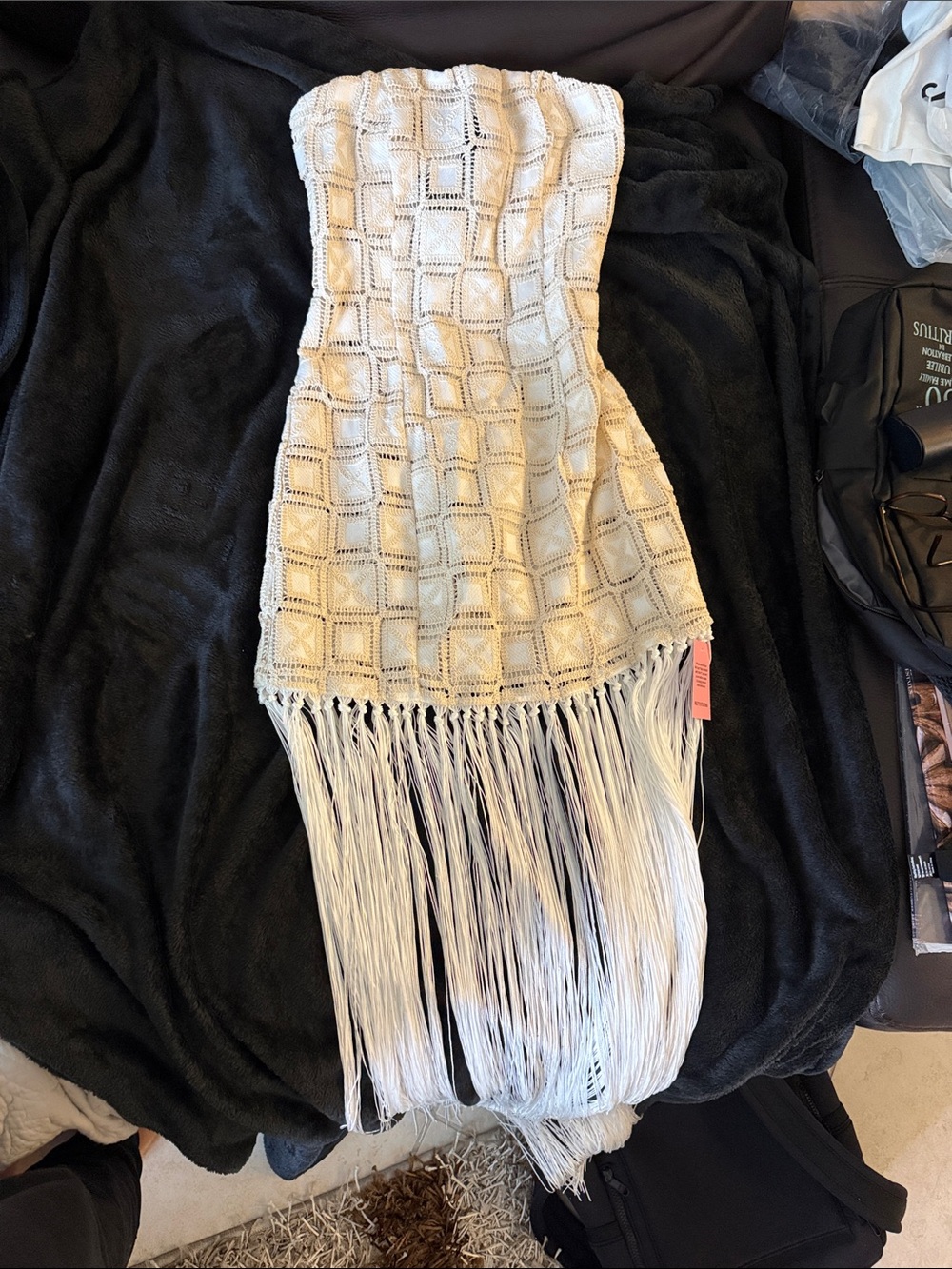 PrettyLittleThing Cream Strapless Crochet Fringe Dress